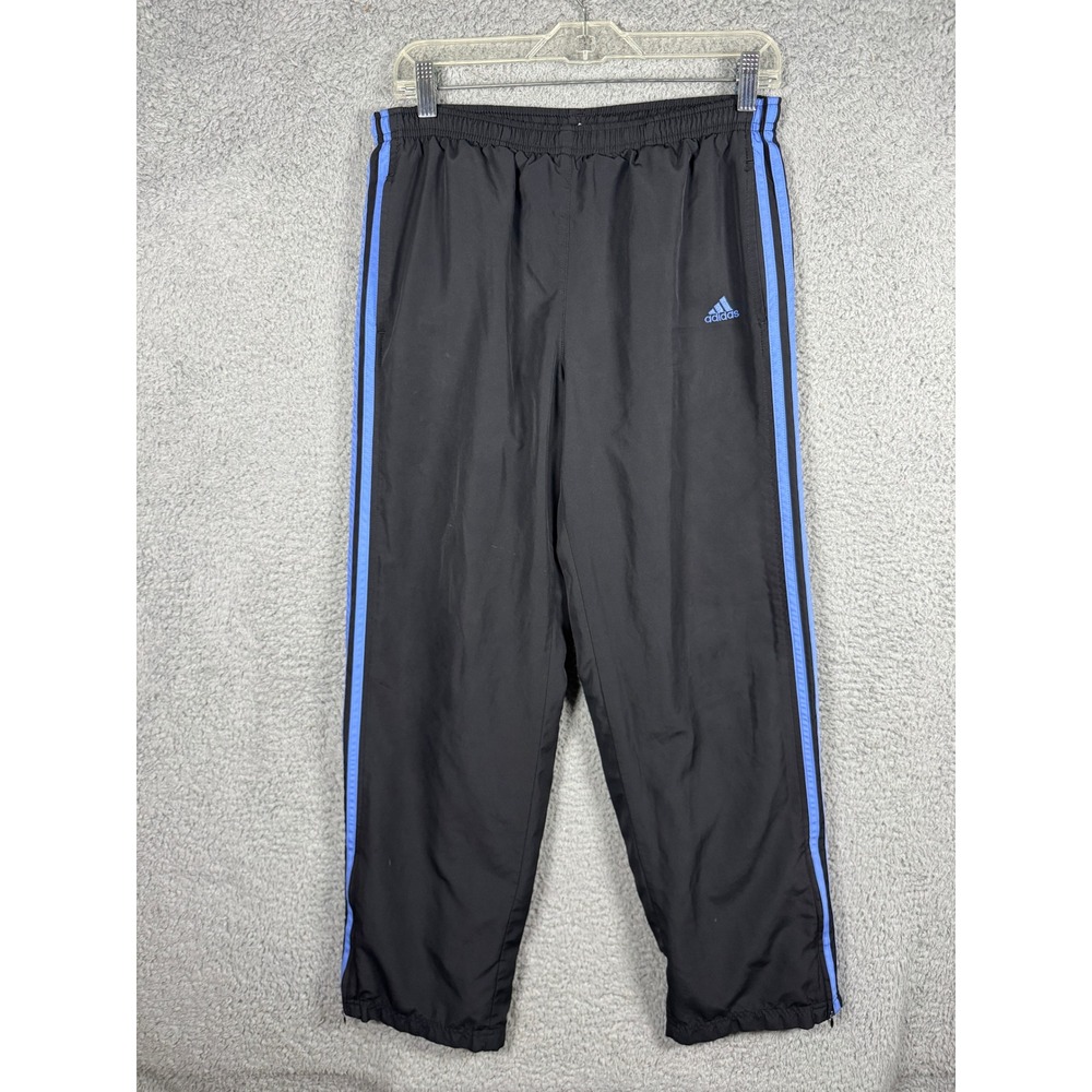 Y2K Adidas Mens Black Light Blue 3-Stripes Mesh Lined Track Pants Size M AZF001